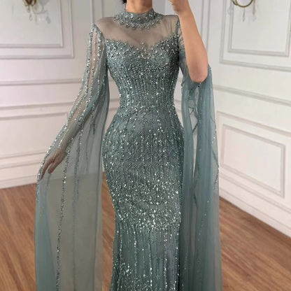 Luxury Arabic Blue Beaded Mermaid Evening Dress with Long Cape Sleeves LA72714AA - SERENE  HILL