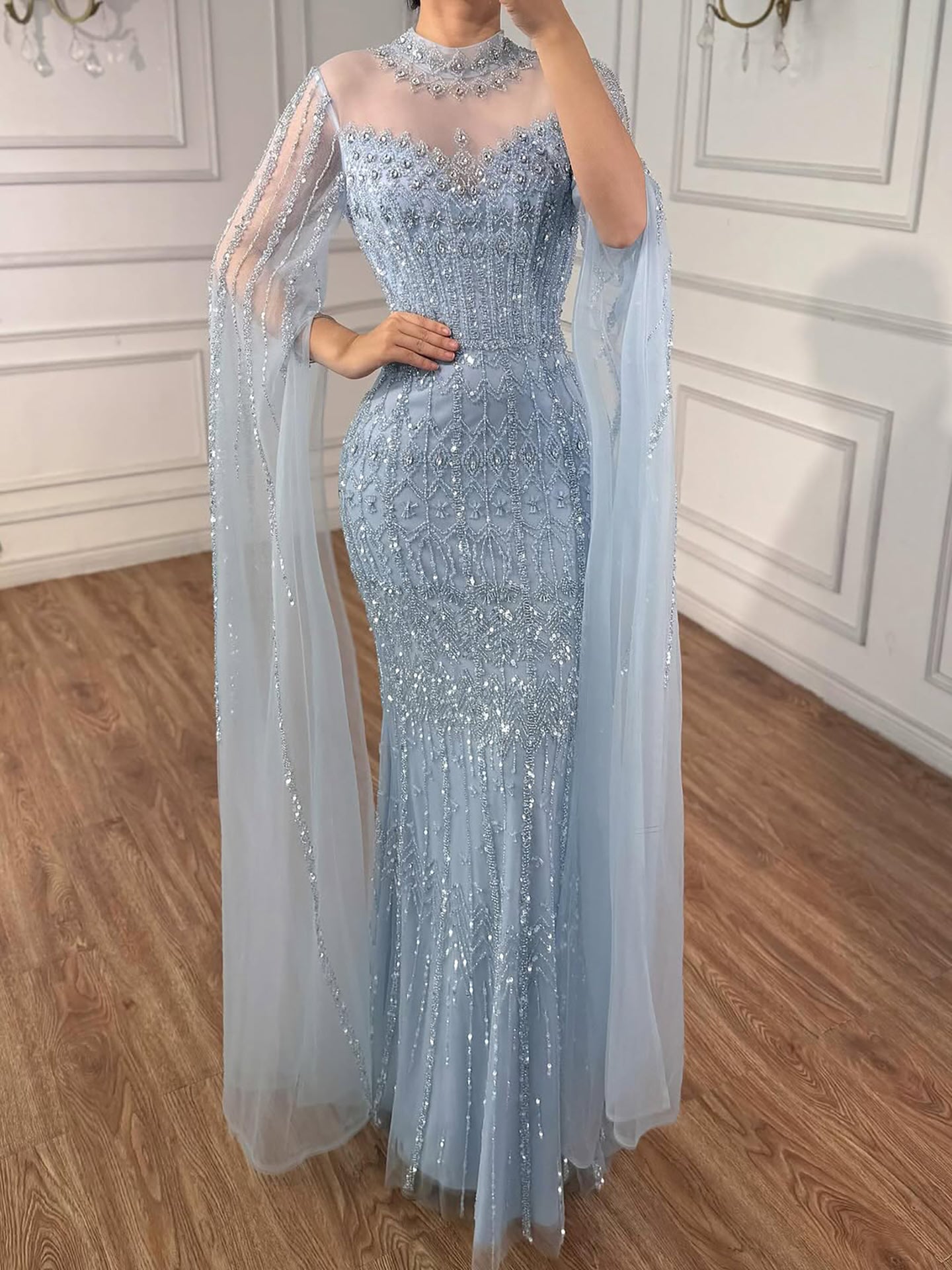 Luxury Arabic Blue Beaded Mermaid Evening Dress with Long Cape Sleeves LA72714AA - SERENE  HILL