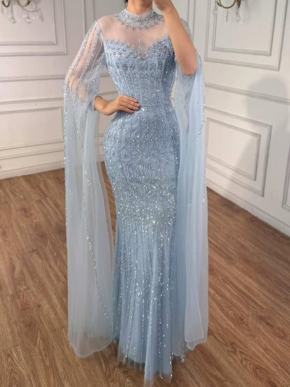 Luxury Arabic Blue Beaded Mermaid Evening Dress with Long Cape Sleeves LA72714AA - SERENE  HILL
