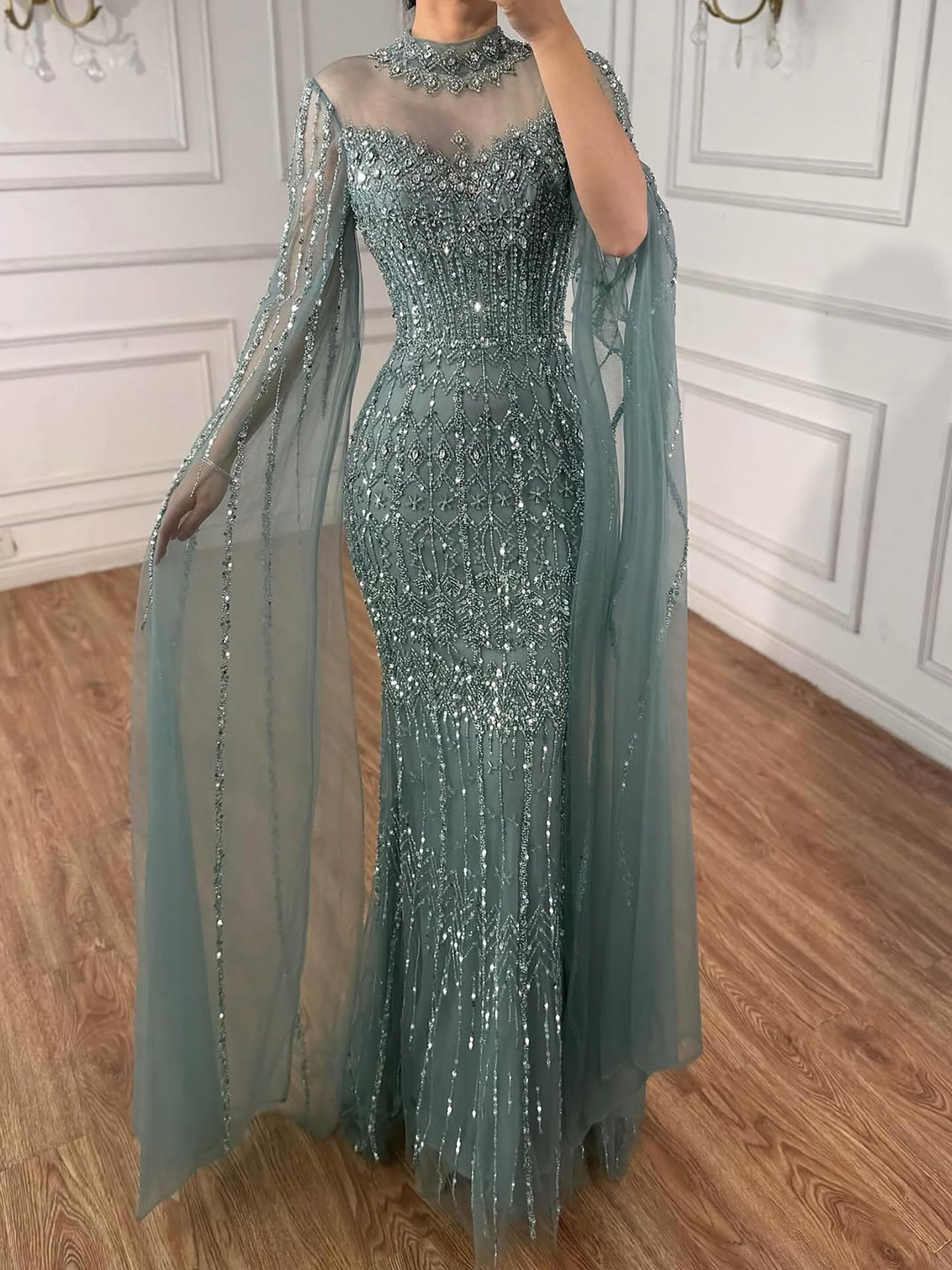 Luxury Arabic Blue Beaded Mermaid Evening Dress with Long Cape Sleeves LA72714AA - SERENE  HILL