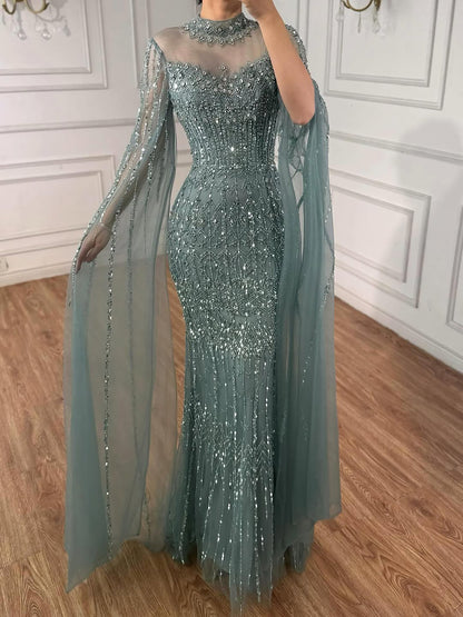 Luxury Arabic Blue Beaded Mermaid Evening Dress with Long Cape Sleeves LA72714AA - SERENE  HILL