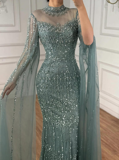 Luxury Arabic Blue Beaded Mermaid Evening Dress with Long Cape Sleeves LA72714AA - SERENE  HILL