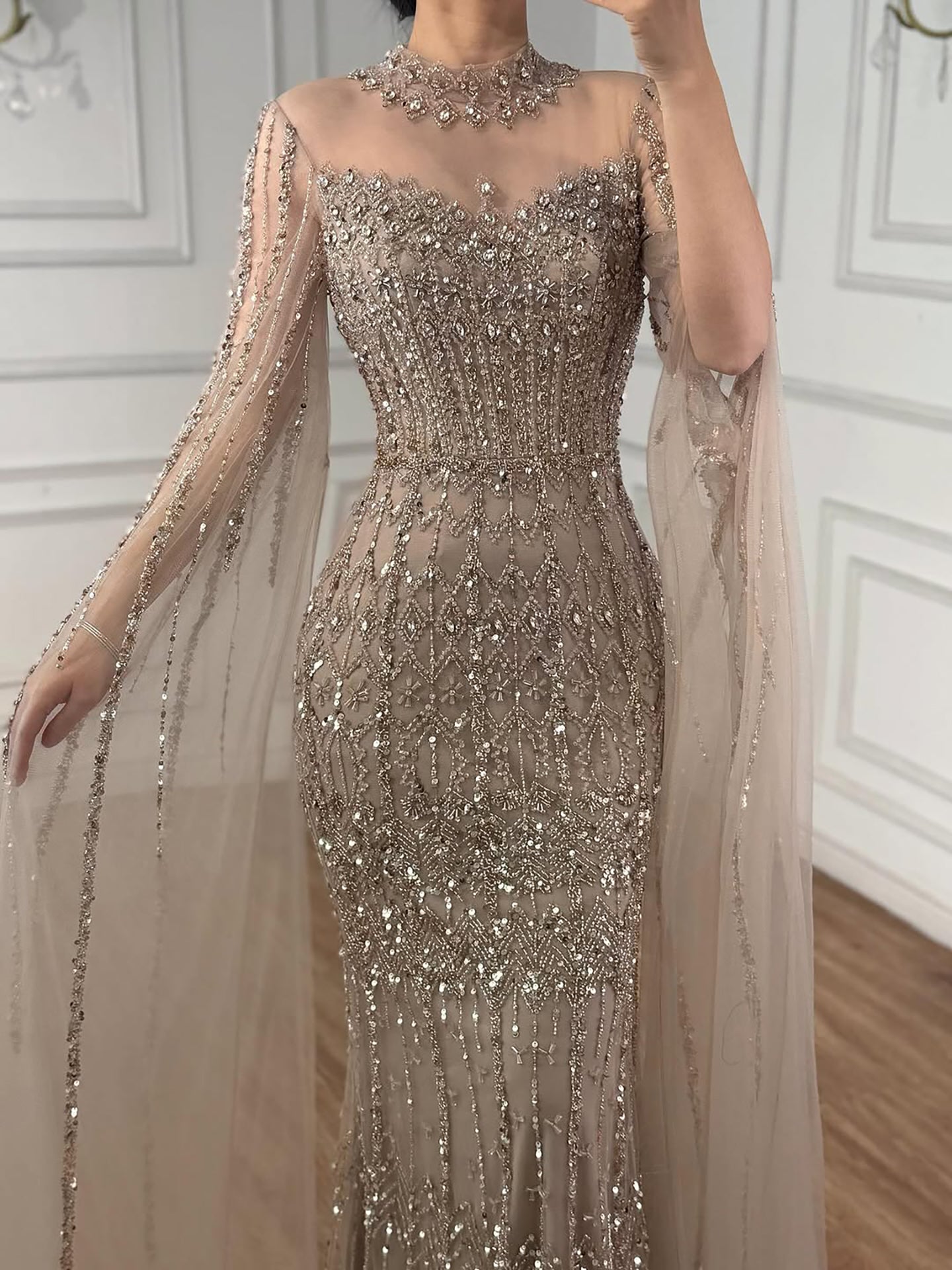 Luxury Arabic Blue Beaded Mermaid Evening Dress with Long Cape Sleeves LA72714AA - SERENE  HILL