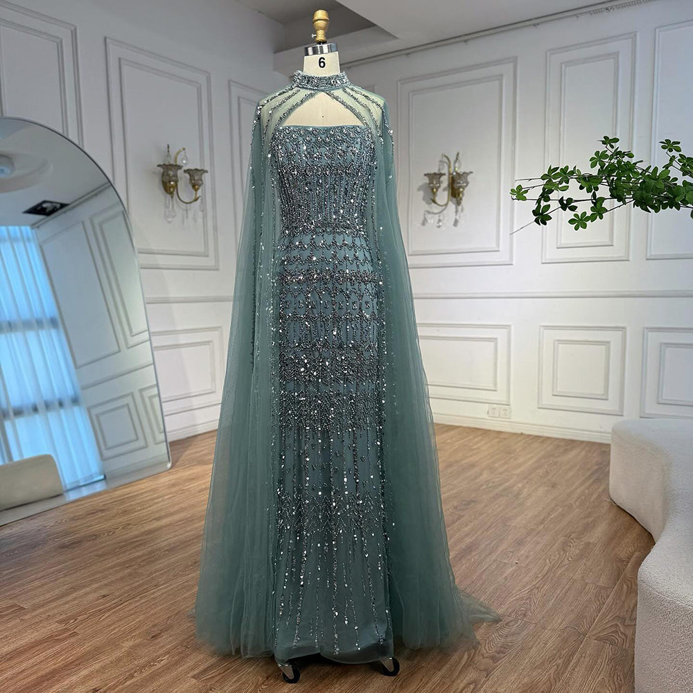 Luxury Turquoise Beaded Evening Dress with Detachable Cape LA72714B - SERENE  HILL