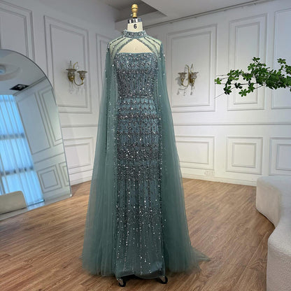 Luxury Turquoise Beaded Evening Dress with Detachable Cape LA72714B - SERENE  HILL