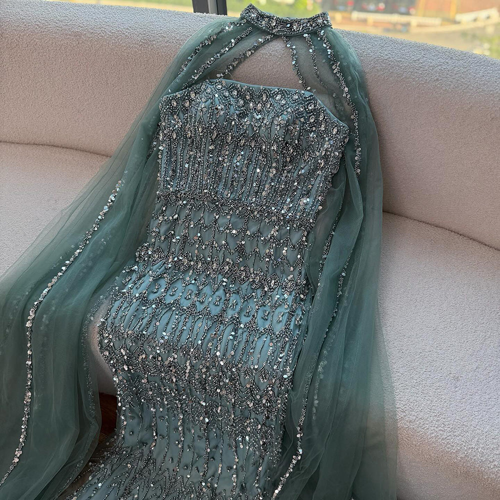 Luxury Turquoise Beaded Evening Dress with Detachable Cape LA72714B - SERENE  HILL