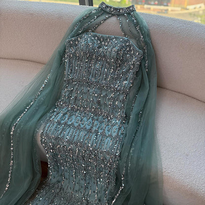 Luxury Turquoise Beaded Evening Dress with Detachable Cape LA72714B - SERENE  HILL