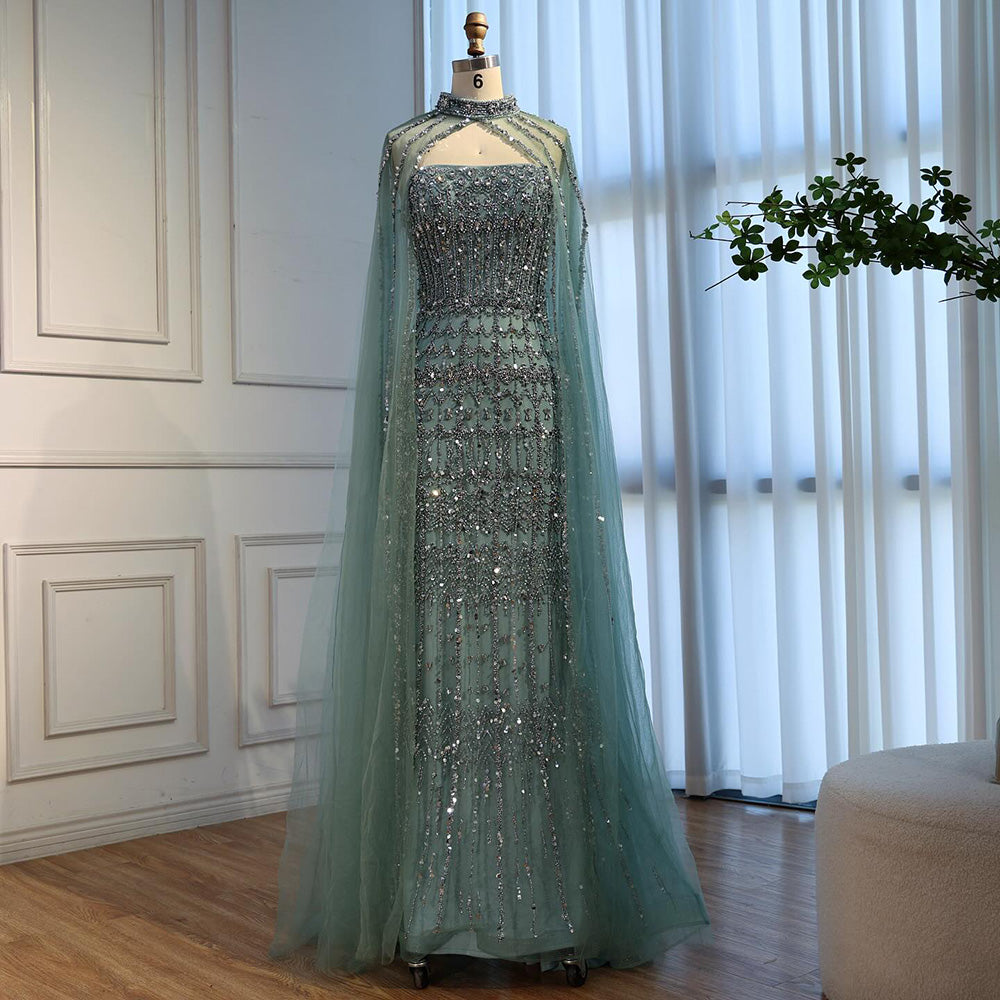 Luxury Turquoise Beaded Evening Dress with Detachable Cape LA72714B - SERENE  HILL