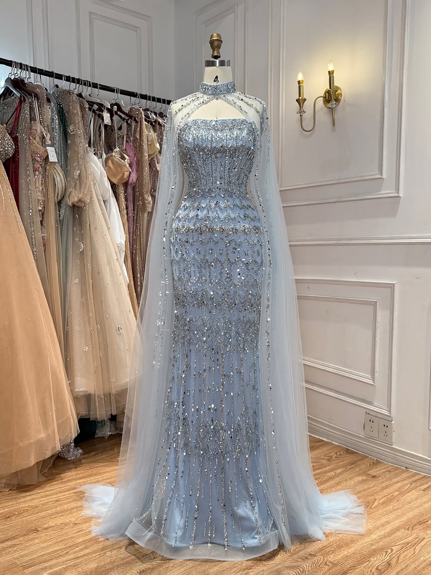 Luxury Turquoise Beaded Evening Dress with Detachable Cape LA72714B SERENE HILL