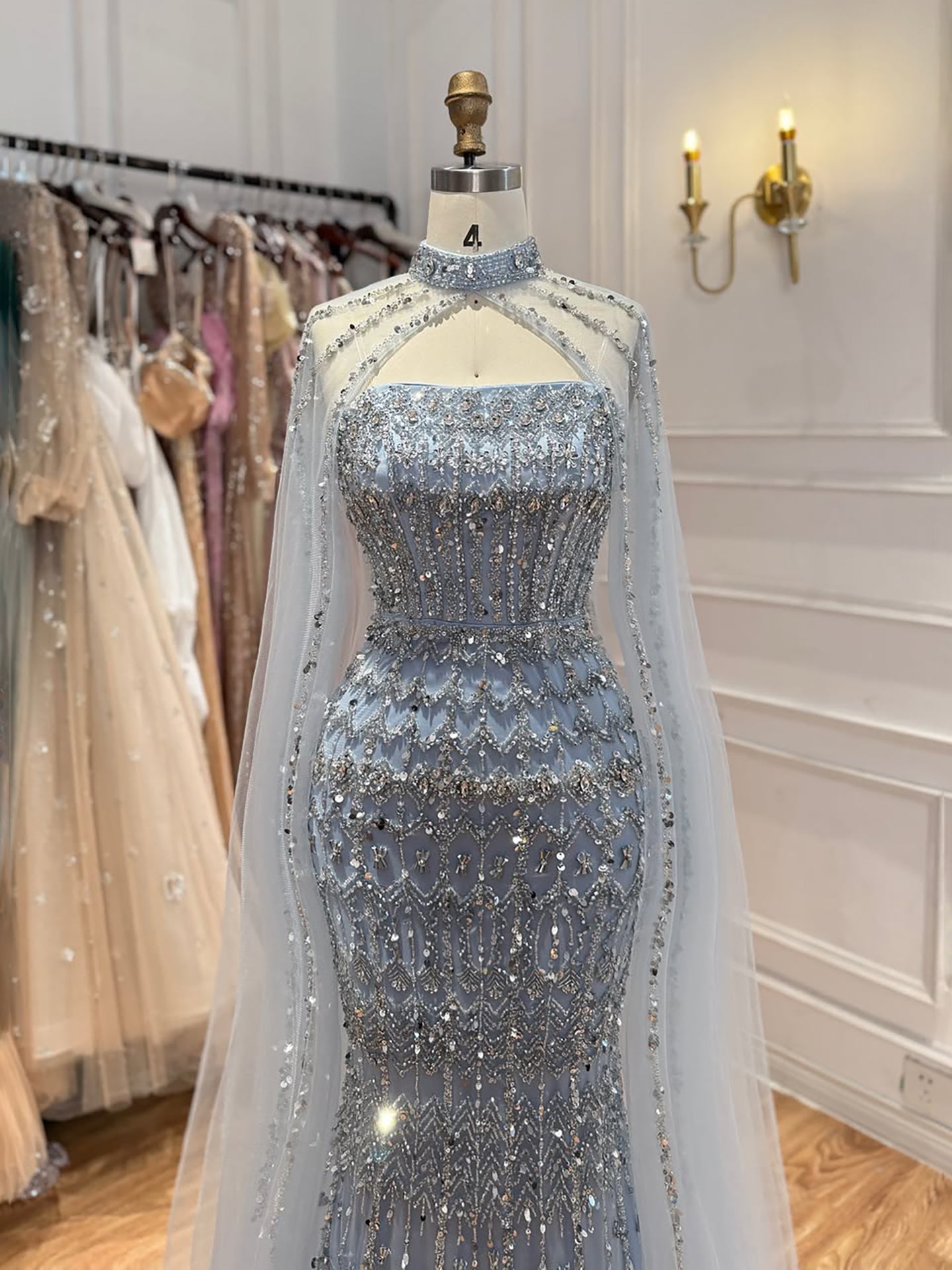 Luxury Turquoise Beaded Evening Dress with Detachable Cape LA72714B SERENE HILL