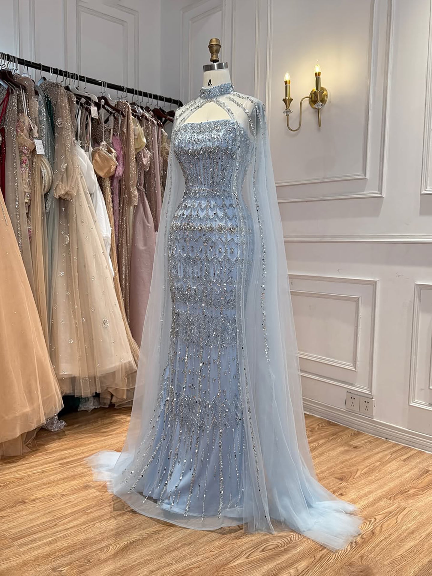 Luxury Turquoise Beaded Evening Dress with Detachable Cape LA72714B SERENE HILL