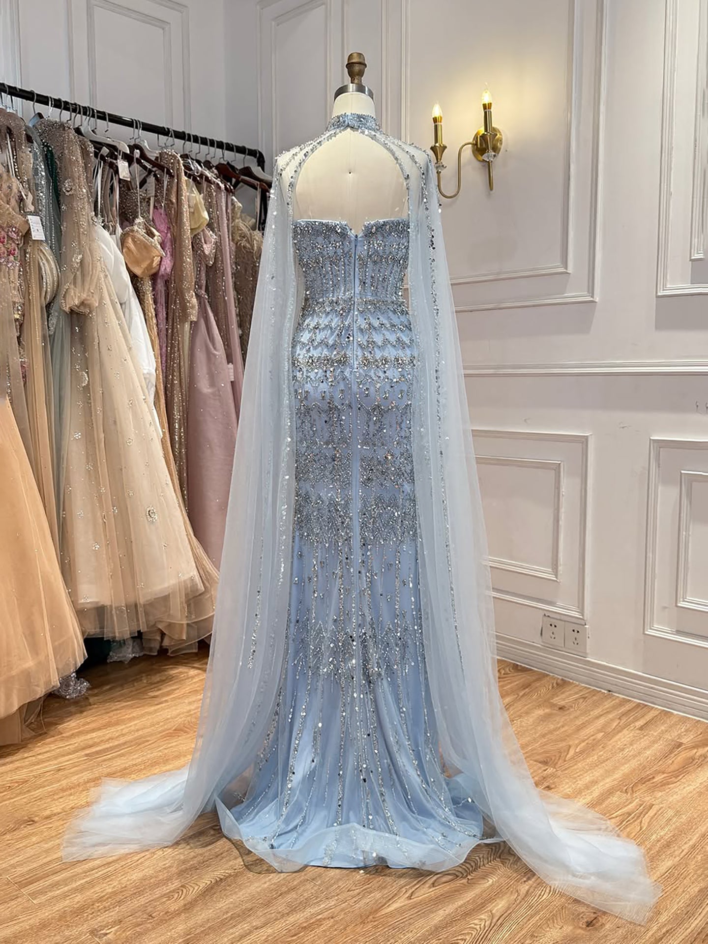 Luxury Turquoise Beaded Evening Dress with Detachable Cape LA72714B SERENE HILL