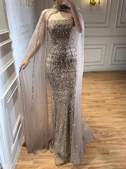 Luxury Turquoise Beaded Evening Dress with Detachable Cape LA72714B - SERENE  HILL