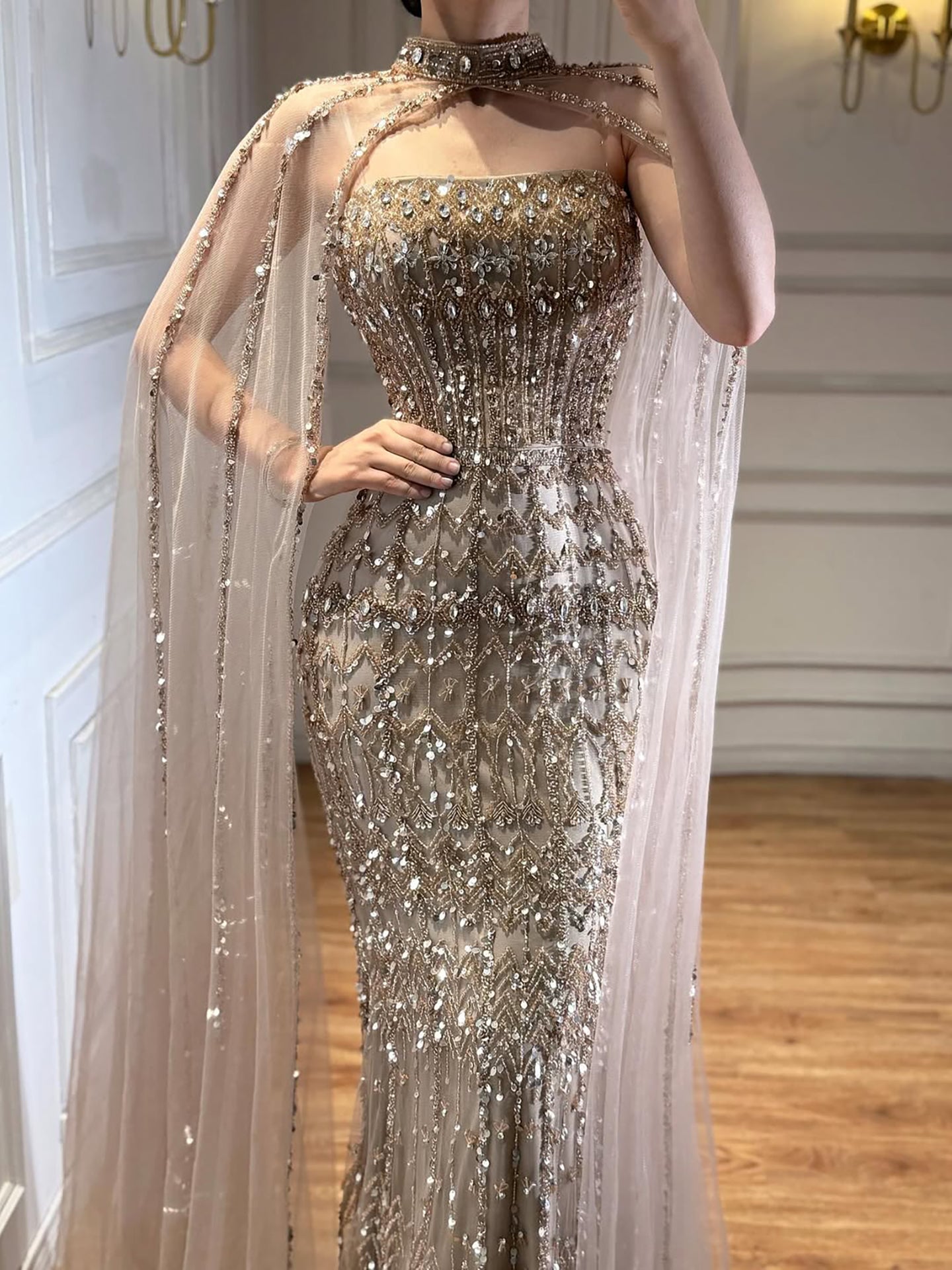 Luxury Turquoise Beaded Evening Dress with Detachable Cape LA72714B - SERENE  HILL
