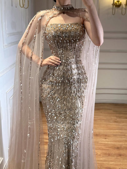 Luxury Turquoise Beaded Evening Dress with Detachable Cape LA72714B - SERENE  HILL