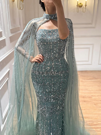 Luxury Turquoise Beaded Evening Dress with Detachable Cape LA72714B