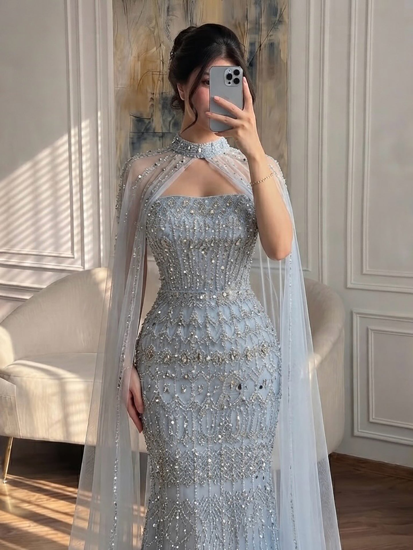 Luxury Turquoise Beaded Evening Dress with Detachable Cape LA72714B SERENE HILL
