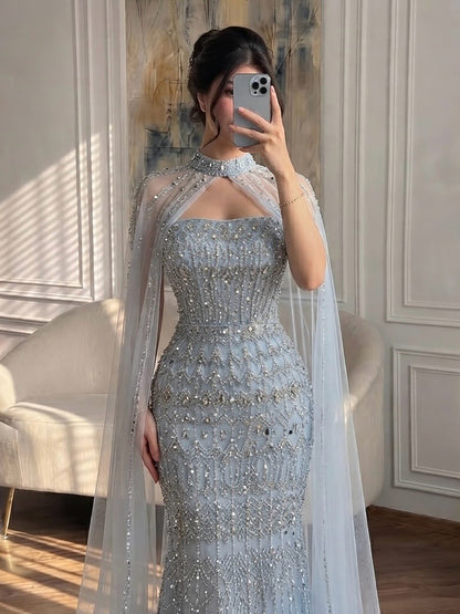 Luxury Turquoise Beaded Evening Dress with Detachable Cape LA72714B SERENE HILL