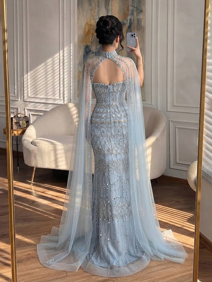 Luxury Turquoise Beaded Evening Dress with Detachable Cape LA72714B SERENE HILL