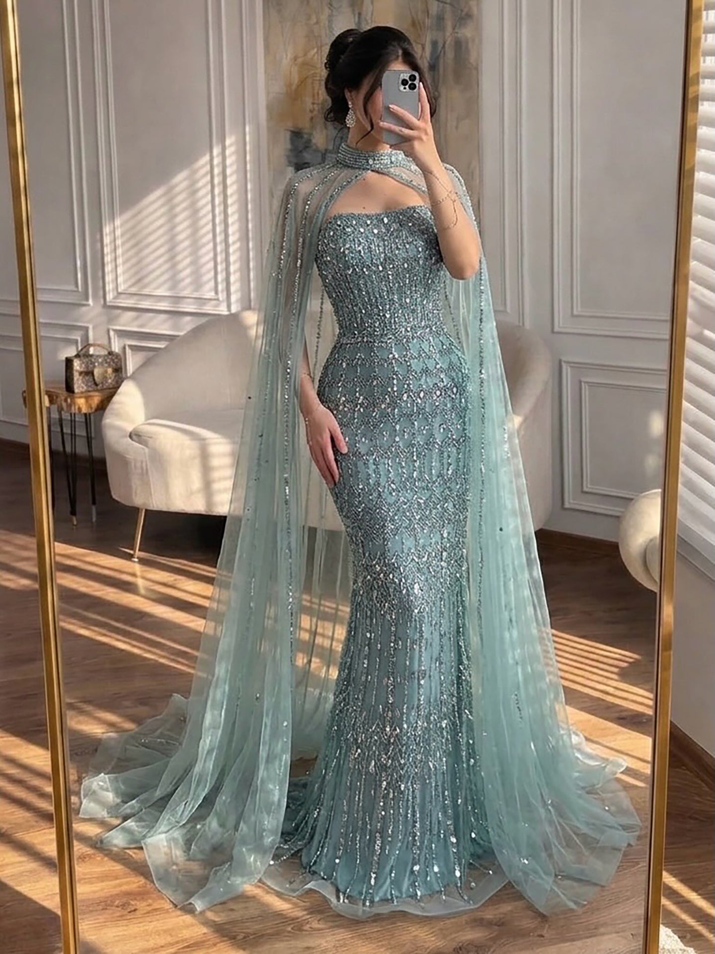 Luxury Turquoise Beaded Evening Dress with Detachable Cjavascript:ape LA72714B caramel / 8