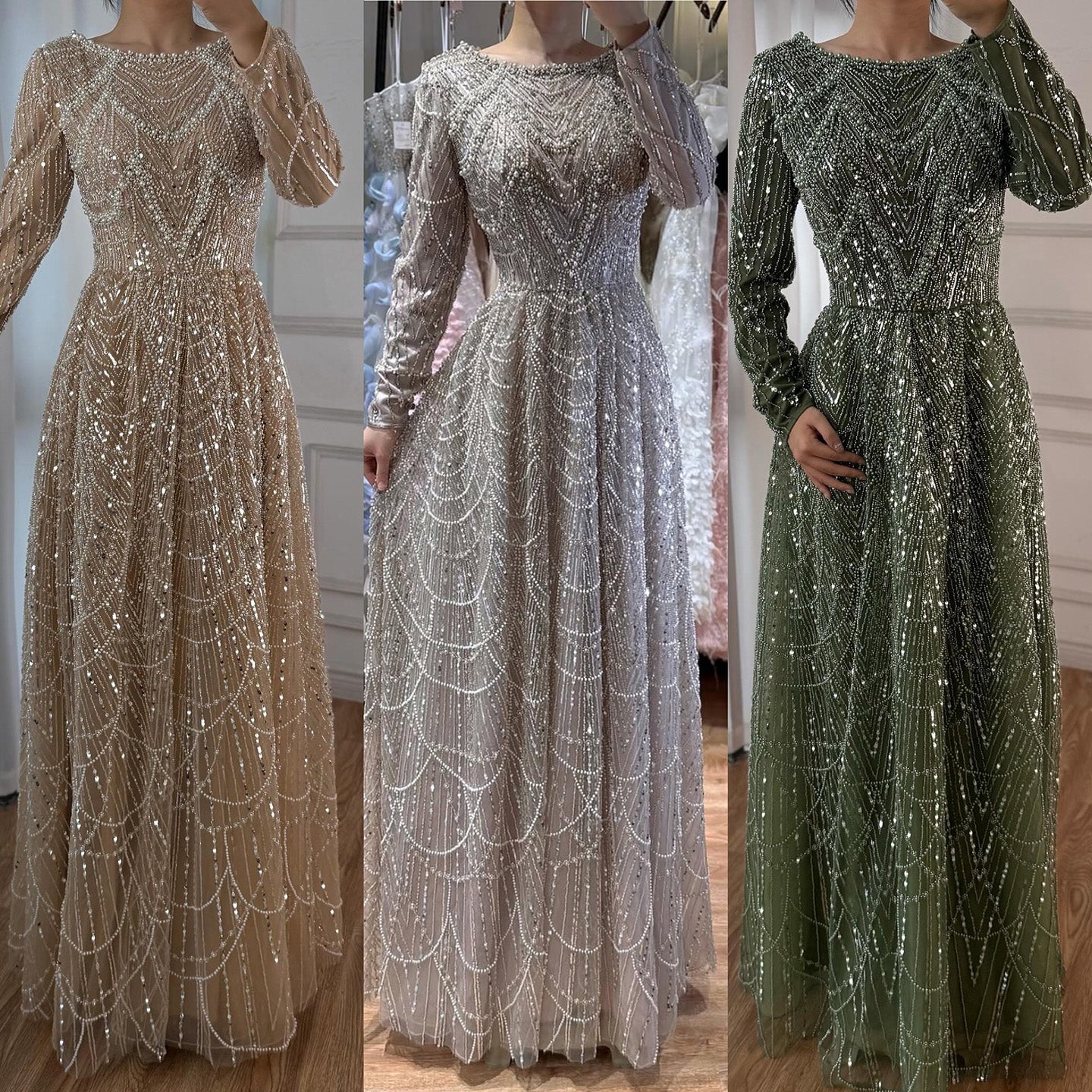 Luxury Olive Green Beaded A-Line Modest Evening Dress Plus Size LA72738B - SERENE  HILL