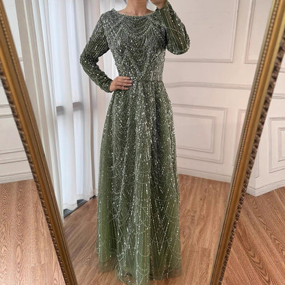 Luxury Olive Green Beaded A-Line Modest Evening Dress Plus Size LA72738B - SERENE  HILL