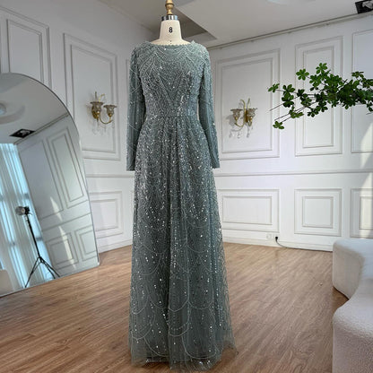 Luxury Olive Green Beaded A-Line Modest Evening Dress Plus Size LA72738B - SERENE  HILL