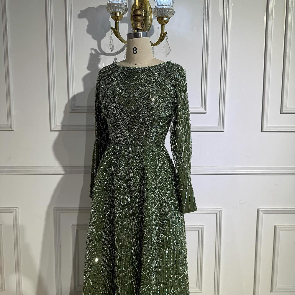 Luxury Olive Green Beaded A-Line Modest Evening Dress Plus Size LA72738B - SERENE  HILL