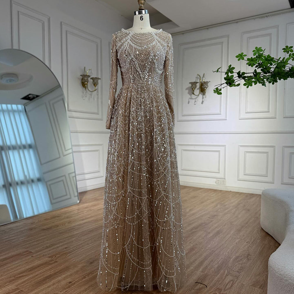 green plus size evening dresses Luxury Olive Green Beaded A-Line Modest Evening Dress Plus Size LA72738B Sage Green / 8