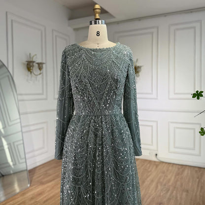 Luxury Olive Green Beaded A-Line Modest Evening Dress Plus Size LA72738B - SERENE  HILL