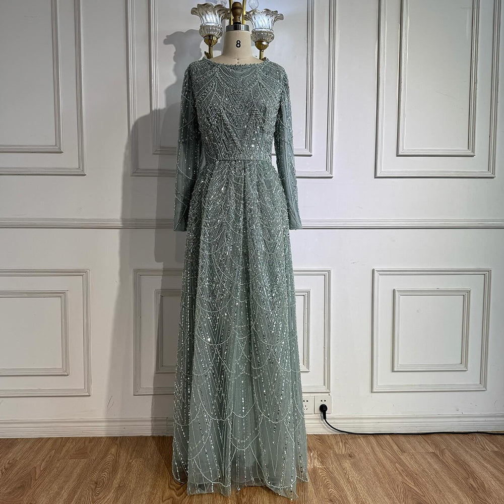 Luxury Olive Green Beaded A-Line Modest Evening Dress Plus Size LA72738B - SERENE  HILL