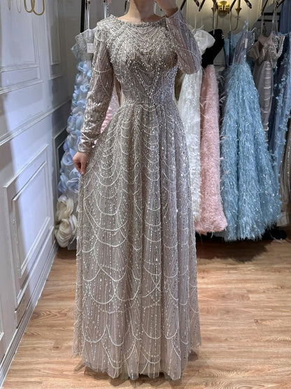 Luxury Olive Green Beaded A-Line Modest Evening Dress Plus Size LA72738B - SERENE  HILL
