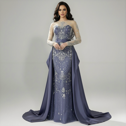 Luxury Dubai Blue Crystal Beaded Evening Dress with Overskirt LA72757 - SERENE HILL