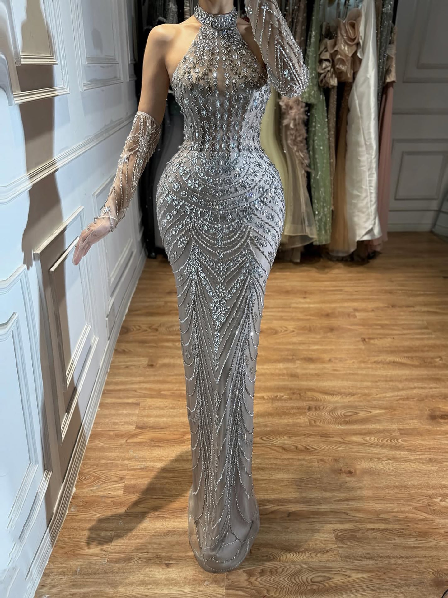 Luxury Dubai Arabic Blue Beaded Evening Dress with Gloves LA72760A SERENE HILL