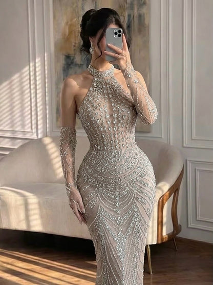 Luxury Dubai Arabic Blue Beaded Evening Dress with Gloves LA72760A SERENE HILL