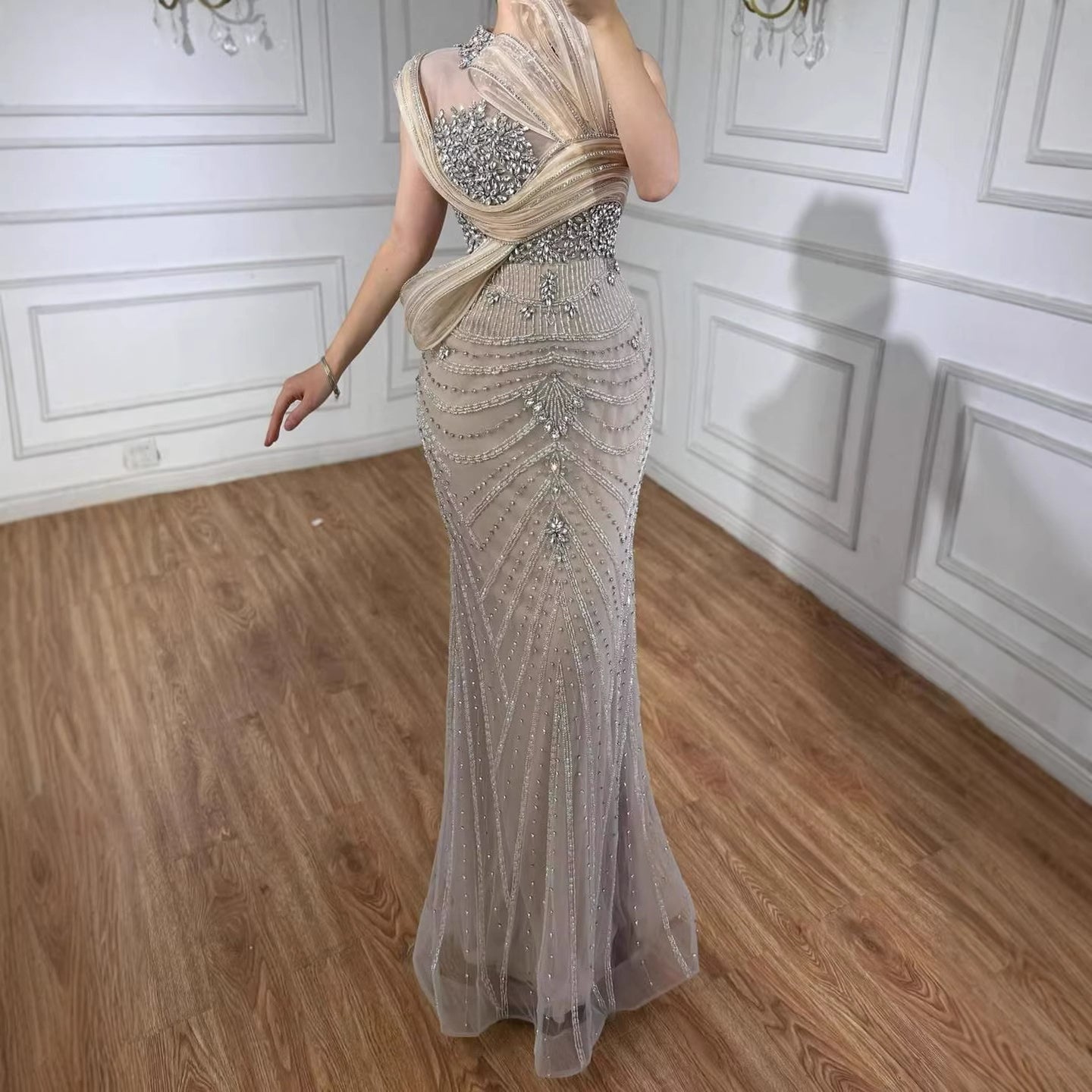 Luxury Nude Beaded Arabic Elegant Evening Dress Prom LA72769B Nude / 10
