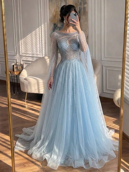 Luxury Caramel Beaded Cape Sleeves A-Line Evening Dress LA72799 SERENE HILL