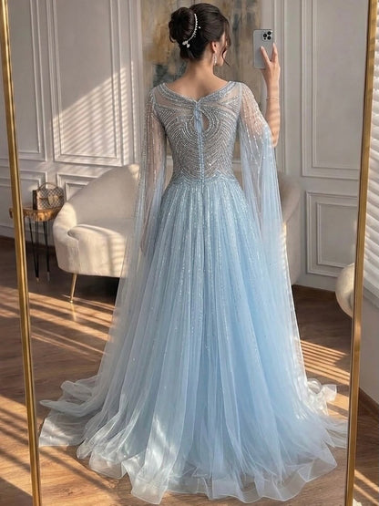 Luxury Caramel Beaded Cape Sleeves A-Line Evening Dress LA72799 SERENE HILL