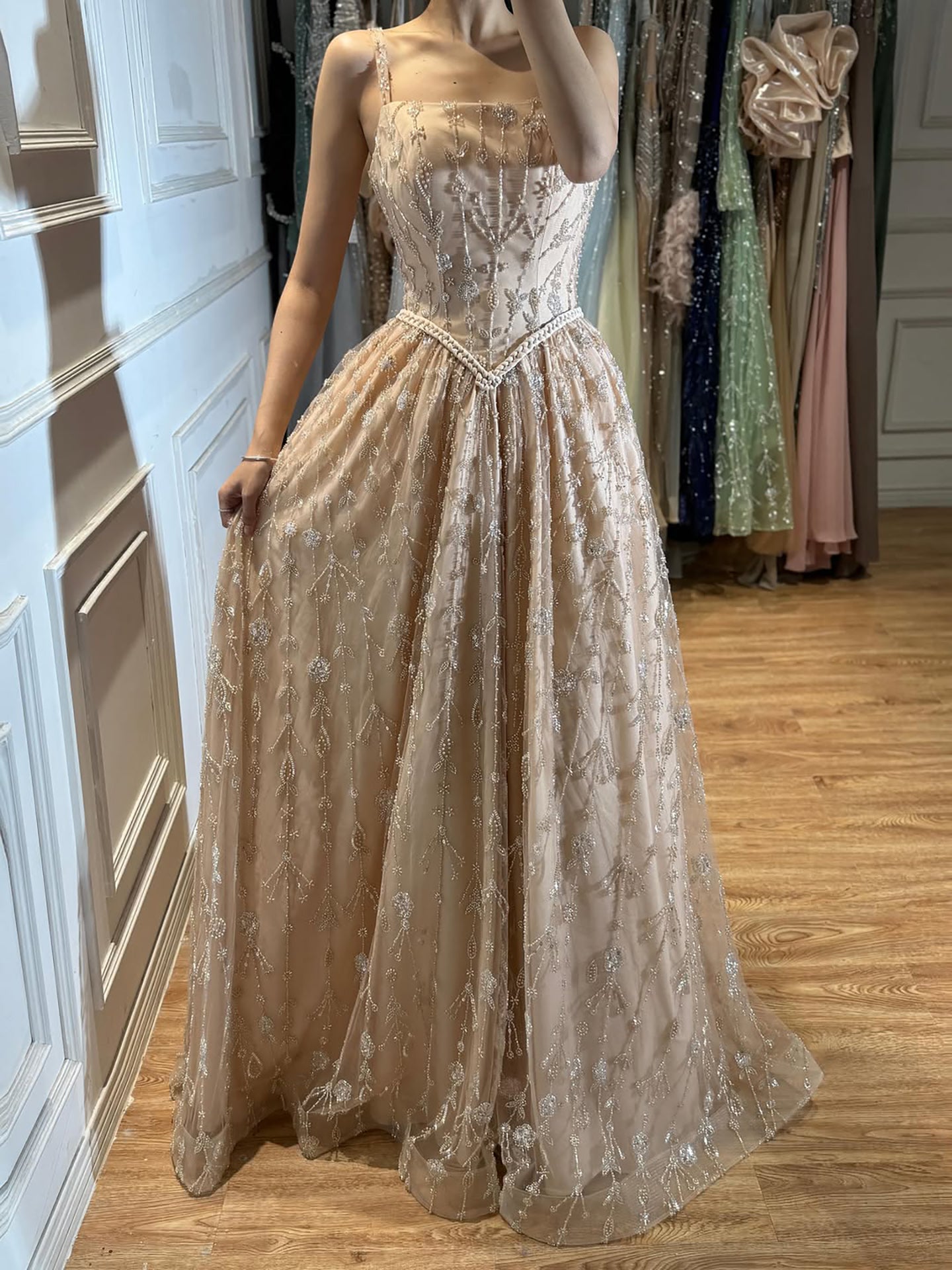 Luxury Sage Green Beaded A-Line Spaghetti Strap Evening Dress LA72805 SERENE HILL