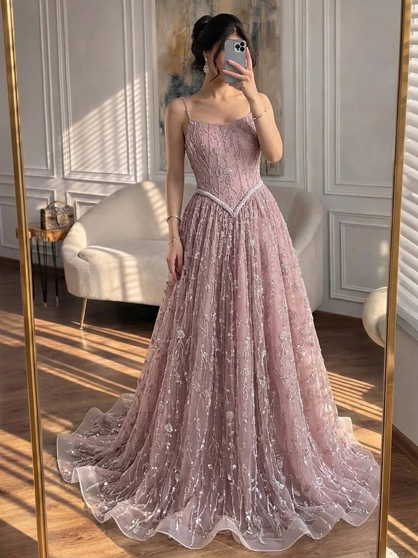 Luxury Sage Green Beaded A-Line Spaghetti Strap Evening Dress LA72805