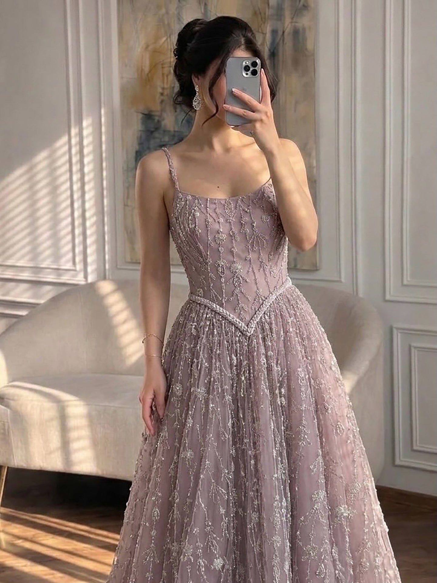 Luxury Sage Green Beaded A-Line Spaghetti Strap Evening Dress LA72805