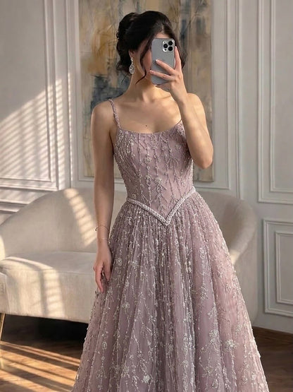 Luxury Sage Green Beaded A-Line Spaghetti Strap Evening Dress LA72805