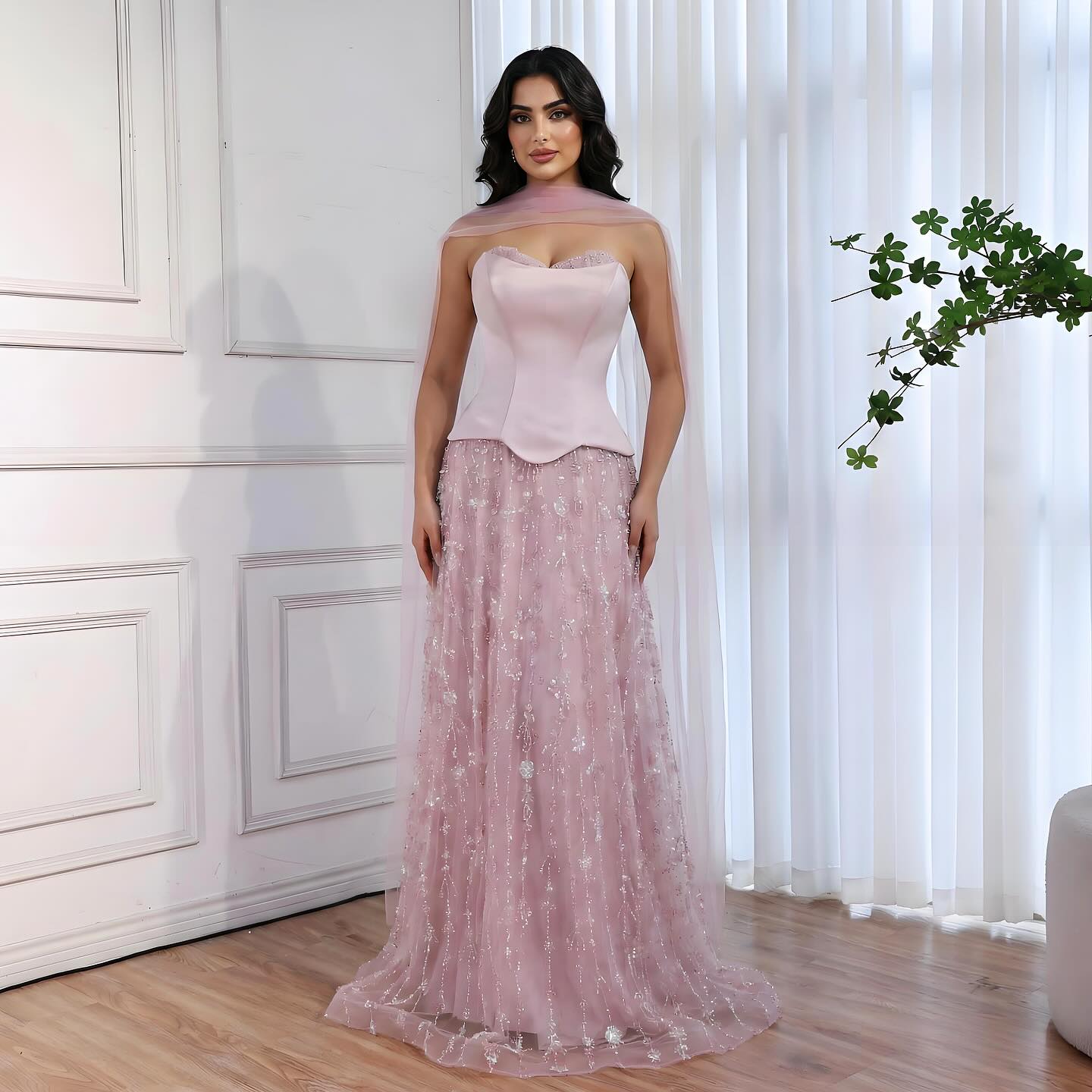 Luxury Sage Green and Pink Arabic   Beaded Evening Dress LA72805D - SERENE  HILL