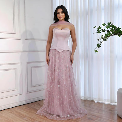 Luxury Sage Green and Pink Arabic   Beaded Evening Dress LA72805D - SERENE  HILL