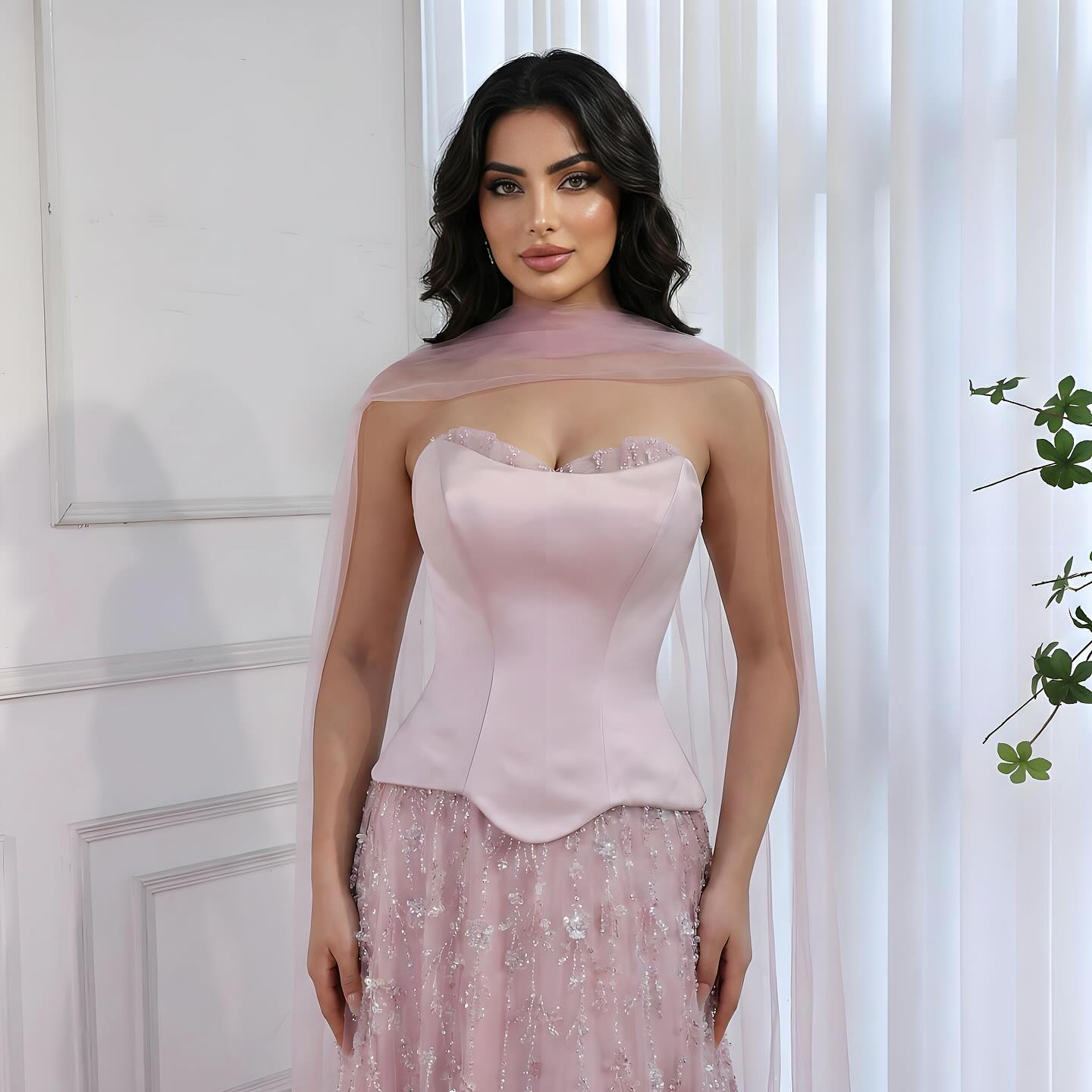 Luxury Sage Green and Pink Arabic   Beaded Evening Dress LA72805D - SERENE  HILL