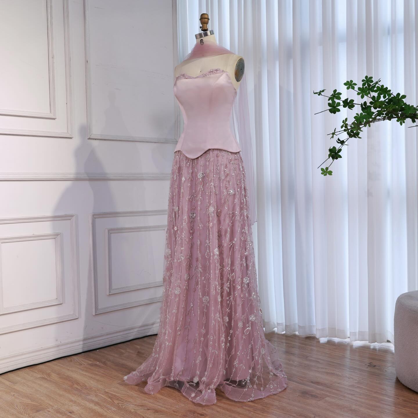 Luxury Sage Green and Pink Arabic   Beaded Evening Dress LA72805D - SERENE  HILL