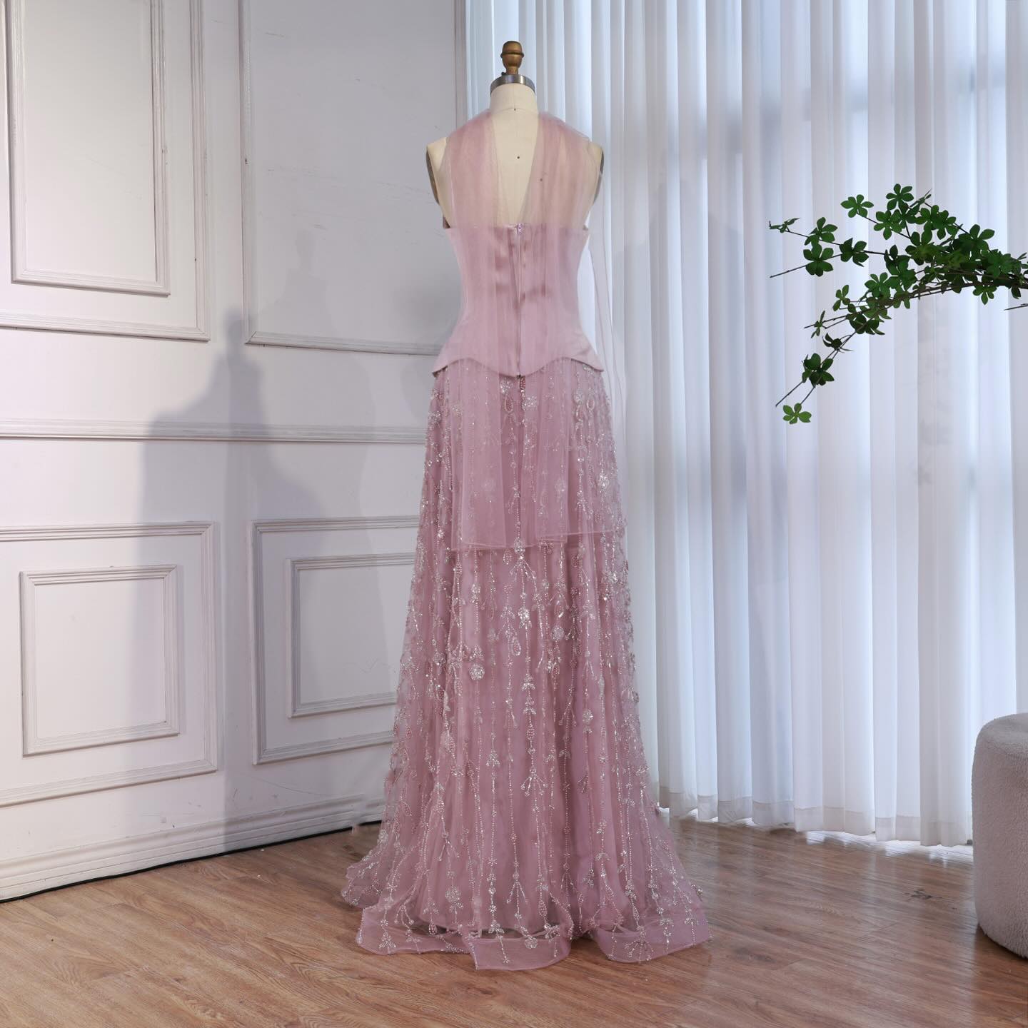 Luxury Sage Green and Pink Arabic   Beaded Evening Dress LA72805D - SERENE  HILL