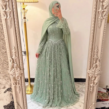 Luxury Sage Green Muslim Long Sleeve A-Line Evening Dress LA72805E - SERENE  HILL