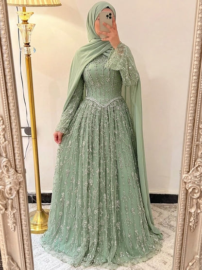 Luxury Sage Green Muslim Long Sleeve A-Line Evening Dress LA72805E - SERENE  HILL
