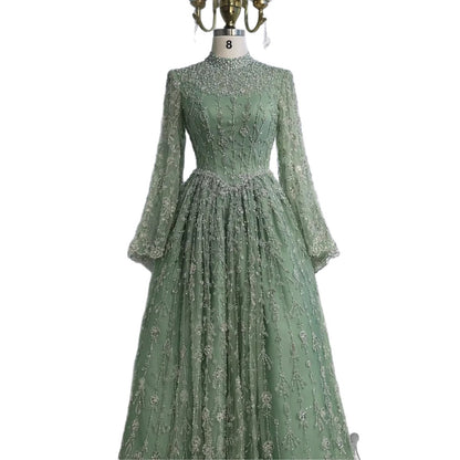 Luxury Sage Green Muslim Long Sleeve A-Line Evening Dress LA72805E - SERENE  HILL